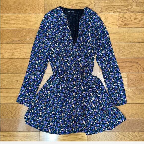New Zara Floral Long Sleeve Dress Size Medium Color Blue - Picture 4 of 6